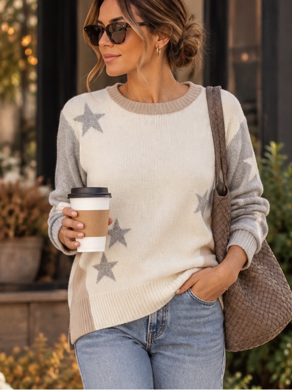 Splendid NWT Star Colorblock Sweater Cotton/Wool Blend Cream Gray Taupe Size M